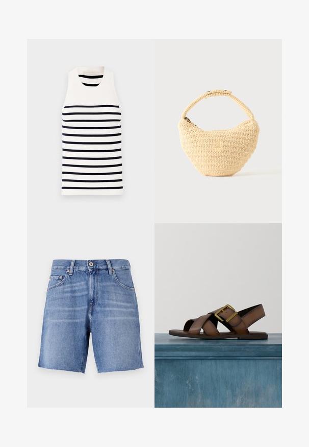 Vanessa Bruno EDEA - Débardeur - ecru/marine; Shorts en denim bleu clair avec une coupe droite, ourlet effilé, cinq poches et fermeture à bouton métallique. Le tissu a une texture lisse avec un léger délavage.; Sandale en cuir marron avec larges brides croisées et une grande boucle dorée, présentée flottant au-dessus d'un sol en béton à l'intérieur.; Sac à main beige tissé avec corps arrondi, fermeture éclair et une sangle courte et épaisse dans un style crochet simple et texturé.