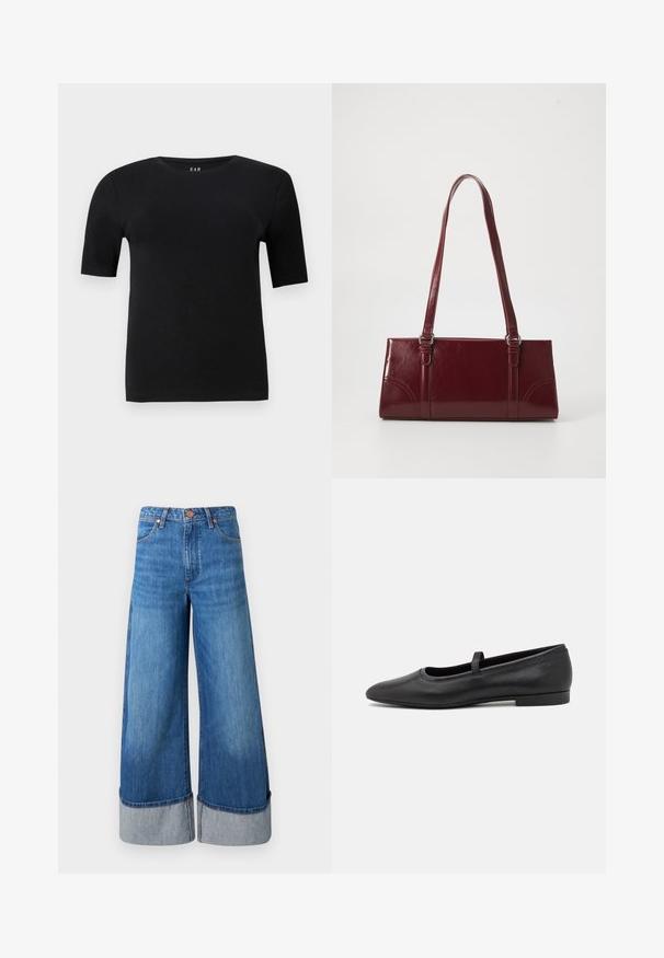 Camiseta de manga corta negra en algodón suave, con un cuello redondo y un diseño simple sin patrones ni acentos visibles.; Jeans de mezclilla de pierna ancha en azul medio. Presentan una cintura alta, dobladillos acampanados en mezclilla más clara y un diseño clásico de cinco bolsillos con acentos metálicos.; Bailarinas negras de piel lisa, con punta redondeada, una pequeña tira en la parte superior y un diseño minimalista.; Bolso burdeos hecho de material brillante, de forma rectangular, con dos asas para el hombro y sutiles acentos curvados en la parte frontal.