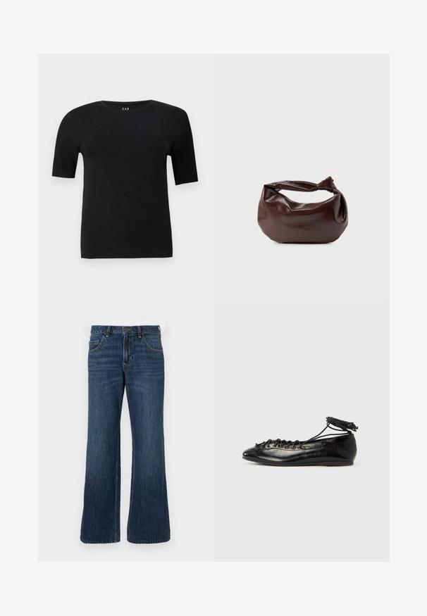 Camiseta de manga corta negra en algodón suave, con un cuello redondo y un diseño simple sin patrones ni acentos visibles.; Vaqueros de pierna ancha en azul oscuro con diseño clásico de cinco bolsillos, cierre de botón y sutil desgaste. Fabricados con tejido denim.; Zapatos planos tipo ballet de charol negro con punta redondeada, diseño con cordones y suela plana. Textura lisa con detalles mínimos.; Bolso de hombro de cuero marrón oscuro con una forma suave y caída, y un asa con nudo torcido sobre un fondo blanco liso.