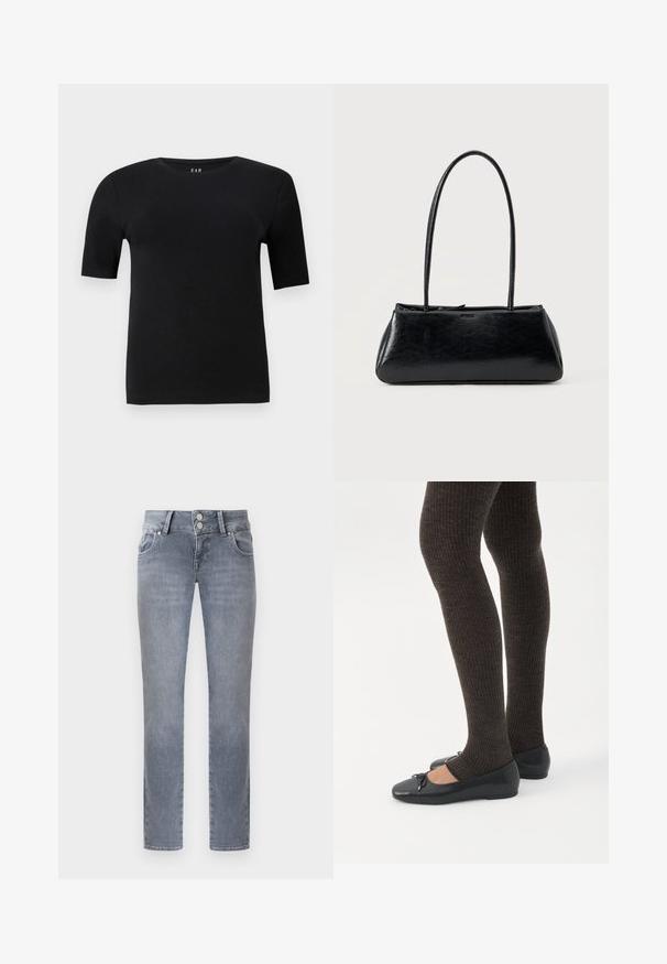 Camiseta de manga corta negra en algodón suave, con un cuello redondo y un diseño simple sin patrones ni acentos visibles.; Jeans ajustados de color gris con doble cierre de botón, bolsillos delanteros y trabillas para cinturón, mostrados sobre un fondo liso.; Piernas con leggings oscuros acanalados combinados con bailarinas negras que presentan pequeños detalles de lazo sobre un fondo blanco.; Bolso de hombro rectangular negro con correas largas y delgadas y una textura lisa y brillante sobre un fondo liso.