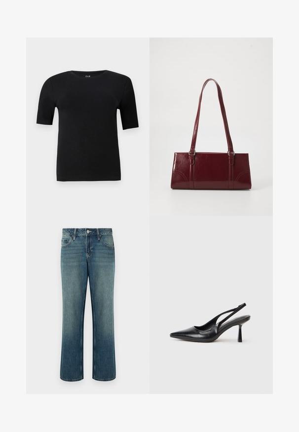 Camiseta de manga corta negra en algodón suave, con un cuello redondo y un diseño simple sin patrones ni acentos visibles.; Jeans de mezclilla azul con corte recto, talle medio, cinco bolsillos y sutil desgaste. Cierre con botón e incluye trabillas para cinturón.; Zapato de tacón alto negro de cuero con puntera afilada y tacón delgado sobre un fondo blanco.; Bolso burdeos hecho de material brillante, de forma rectangular, con dos asas para el hombro y sutiles acentos curvados en la parte frontal.