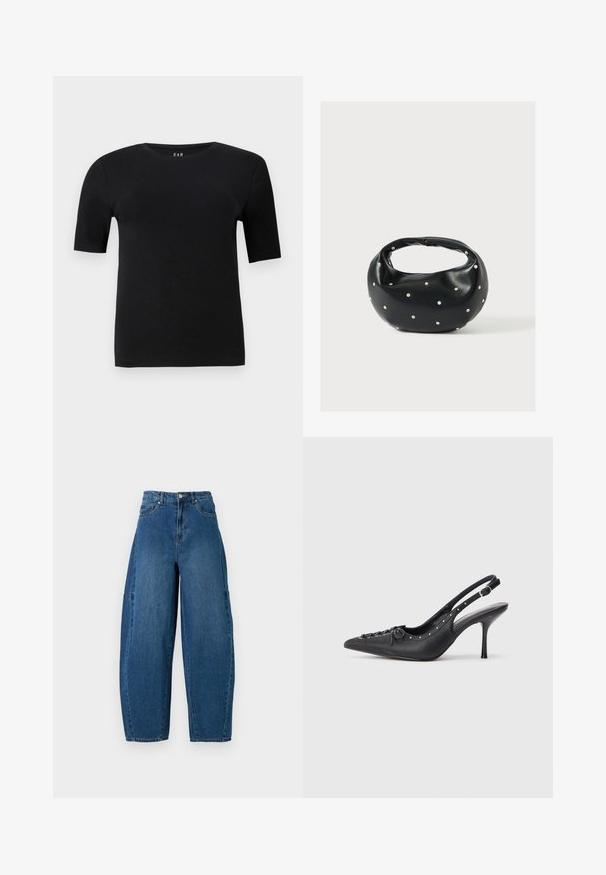 Camiseta de manga corta negra en algodón suave, con un cuello redondo y un diseño simple sin patrones ni acentos visibles.; Jeans de denim en un lavado azul medio, con una cintura alta, corte de pierna ancha y diseño estándar de cinco bolsillos con detalles de costura visibles.; Sandal de tacón stiletto negro de cuero con punta afilada, correa lateral con hebilla, tachuelas a lo largo del borde y cordones decorativos en la parte delantera.; Bolso de mano de cuero negro con forma redondeada, decorado con detalles de tachuelas plateadas y un asa corta. Textura lisa y cierre con cremallera.