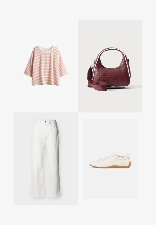 Gestreepte top met korte mouwen, gemaakt van lichtgewicht stof. Heeft crèmekleurige en lichtoranje strepen, een ronde halslijn en zijsplitten.; Witte high-waist jeans met knoop- en ritssluiting, voorspeten en licht uitlopende pijpen, weergegeven op een effen achtergrond.; Witte leren sneaker met een gladde textuur, ronde neus en tonale stiksels. Voorzien van een tankleurige rubberen zool en vetersluiting.; Donkerrode geweven leren handtas met gebogen handvat, witte bies, zilveren rits en afneembare brede stoffen schouderriem tegen een effen achtergrond.