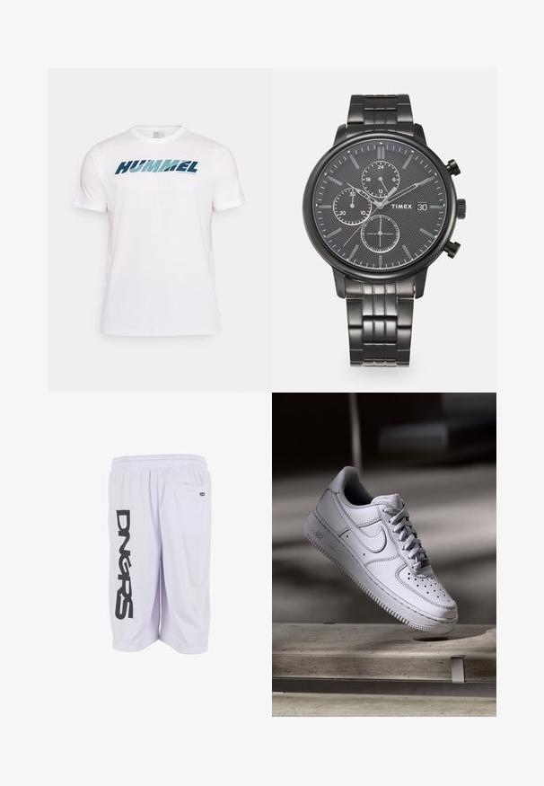 Biele športové tričko s krátkym rukávom s modrým logom "HUMMEL" a malým nápisom "ACTIVE SPORTSWEAR" na hrudi, jednofarebné pozadie.; Biele športové šortky s elastickým pásom, čiernym zvislým textom "DNGARS" na ľavej nohe a zadným vreckom s malou čiernou značkou.; Biely kožený teniska Nike Air Force 1 má perforovanú špičku, ploché šnúrky a štruktúrovanú gumovú podrážku s nápisom „AIR“ na boku.; Čierne chronografové hodinky s textúrovaným ciferníkom, tromi subciferníkmi, luminescenčnými značkami a prepojeným nerezovým remienkom. Obsahujú aj zobrazenie dátumu.