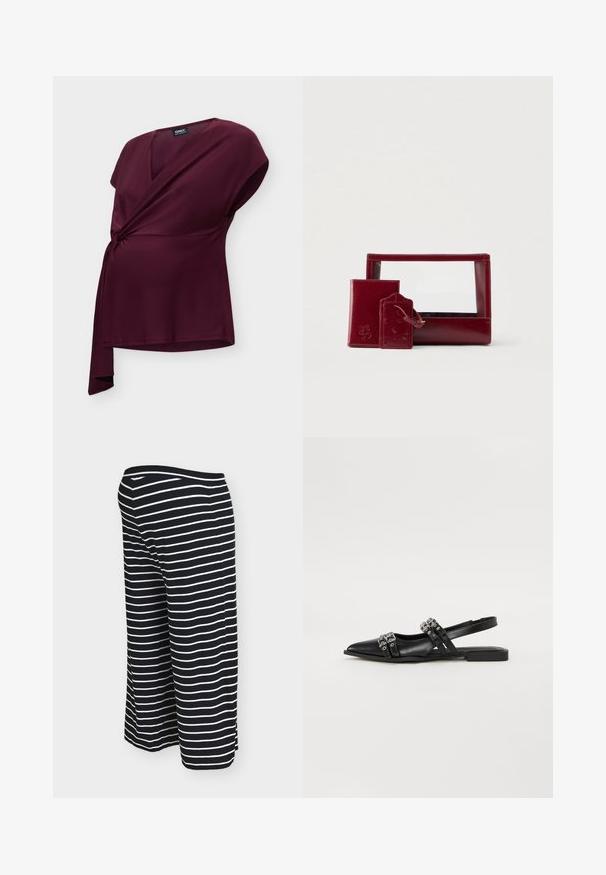 Haut de maternité violet foncé à manches courtes, encolure en V et design cache-cœur avec lien latéral.; Pantalon noir court à jambes larges avec des rayures blanches horizontales et une taille élastique sur un fond clair uni.; Even&Odd Ballerines à brides arrière - black; Ensemble de pochettes en cuir bordeaux comprenant un devant transparent, un petit porte-cartes et une étiquette de bagage, tous dotés de textures lisses et de détails embossés.