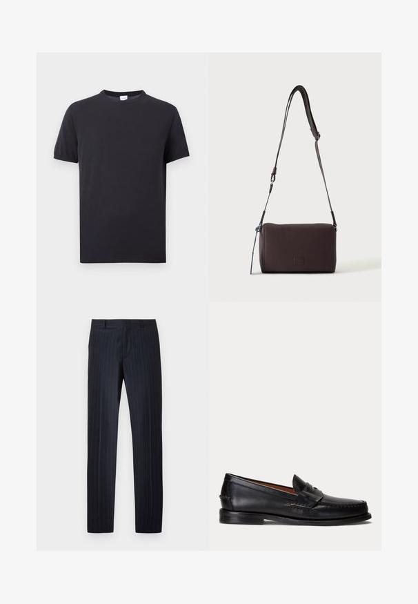 T-shirt noir uni à manches courtes avec un col rond, étiquette blanche à l'intérieur du col, présenté sur un fond gris clair.; Pantalon de costume bleu marine avec fines rayures blanches, passants de ceinture et fermeture éclair à l'avant, présenté sur un fond blanc uni.; Mocassin en cuir noir avec un petit talon et une bride penny, vu de côté sur un fond gris clair.; Sac bandoulière en cuir marron foncé texturé avec une sangle réglable et un petit accent décoratif bleu sur le côté.