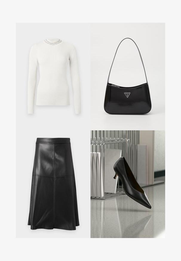 Pull blanc à manches longues côtelé avec un col montant, orné d'un col décoratif perlé et une silhouette ajustée. Texture douce.; Jupe noire en cuir en forme d'A, avec une texture lisse, présentant des détails de couture verticale et une ceinture. L'ourlet tombe juste en dessous du genou.; Chaussure en cuir noir à bout pointu et talon kitten flottant au-dessus d'un sol gris moucheté, à côté d'un organiseur de fichiers en métal contenant des dossiers.; Sac à épaule en cuir verni noir avec une forme incurvée, présentant un logo triangle en argent et une fermeture éclair. Texture lisse et bandoulière fine.