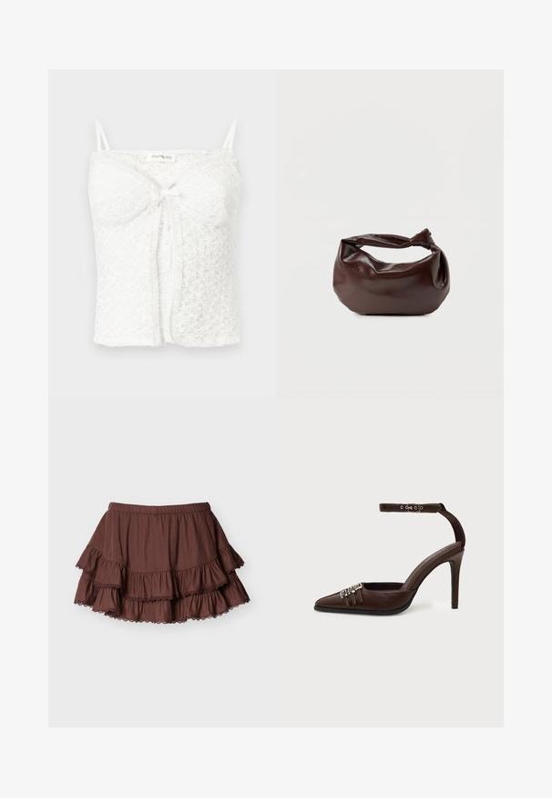 Camisole courte en dentelle blanche avec fines bretelles, bonnets rembourrés, nœud à l'avant et motif floral texturé.; Mini-jupe marron à volants superposés avec une ceinture élastique et des volants bordés de dentelle sur un fond clair uni.; Chaussure à talon haut en cuir marron avec bout pointu, trois petites boucles argentées sur le devant et bride de cheville réglable avec boucle.; Sac bandoulière en cuir marron foncé avec une forme souple et décontractée et une anse nouée torsadée sur un fond blanc uni.