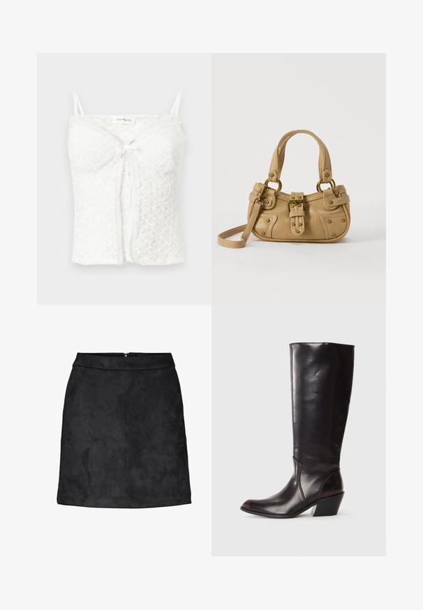 Camisole courte en dentelle blanche avec fines bretelles, bonnets rembourrés, nœud à l'avant et motif floral texturé.; Mini-jupe en daim noir à texture lisse, coupe droite, avec une fermeture éclair dissimulée au dos. Design minimaliste sans motifs ni accents visibles.; Botte en cuir brun foncé, à hauteur de genou, avec un bout pointu, un talon bloc angulaire et une texture lisse et brillante. Présente un design épuré et des détails de couture.; Sac à main en cuir beige avec double poignées, boucle en laiton et détails rivetés, ainsi qu'une bandoulière réglable sur fond blanc.