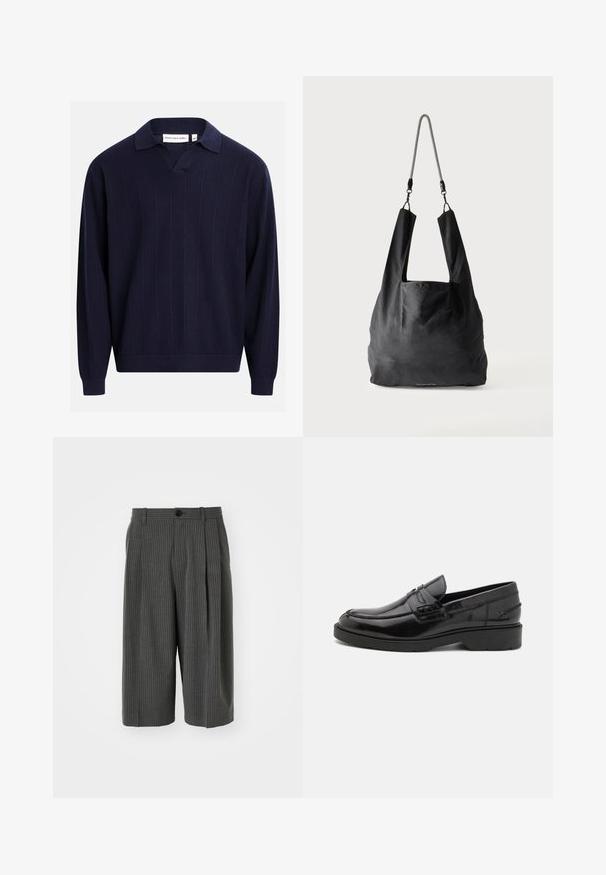 Pull en tricot bleu marine à manches longues avec des rayures verticales subtiles, des poignets et un ourlet côtelés, et une ouverture en V avec col.; Shorts larges à rayures gris avec fermeture à bouton et plissé à l'avant. Fabriqués à partir d'un tissu texturé, présentant un design ajusté.; Mocassins en cuir noir avec une finition lisse, un bout rond, un petit talon et descoutures décoratives à l'avant. Semelle en caoutchouc pour l'adhérence.; Sac fourre-tout en tissu noir doux avec de larges anses et une fine bandoulière tressée noire et blanche.