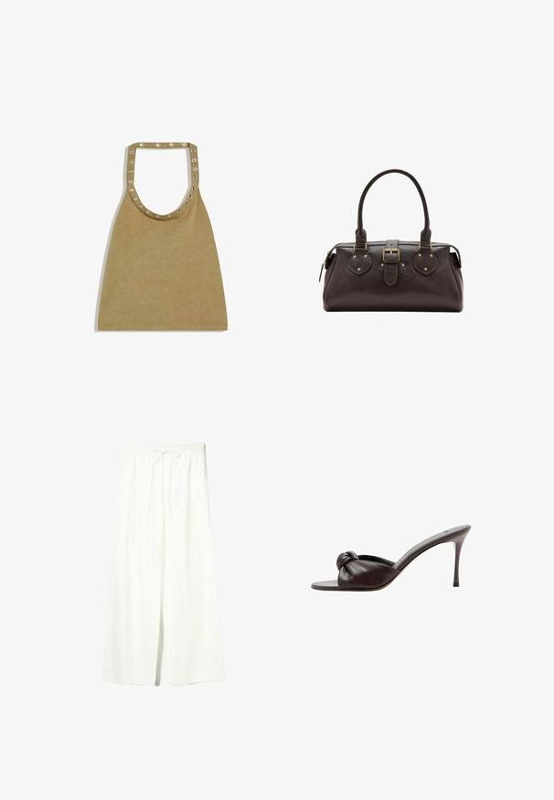 Haut sans manches style suédine beige avec œillets métalliques espacés uniformément autour de l'encolure et de la bretelle.; Pantalon en lin blanc à jambes larges avec taille élastique et cordon de serrage, doté de poches latérales et d'une fente à l'avant.; Mule en cuir marron foncé à talon haut avec un bout ouvert et un détail de nœud sur la bride avant.; Sac à main en cuir marron foncé avec deux poignées, une sangle centrale à boucle et des détails en métal doré.