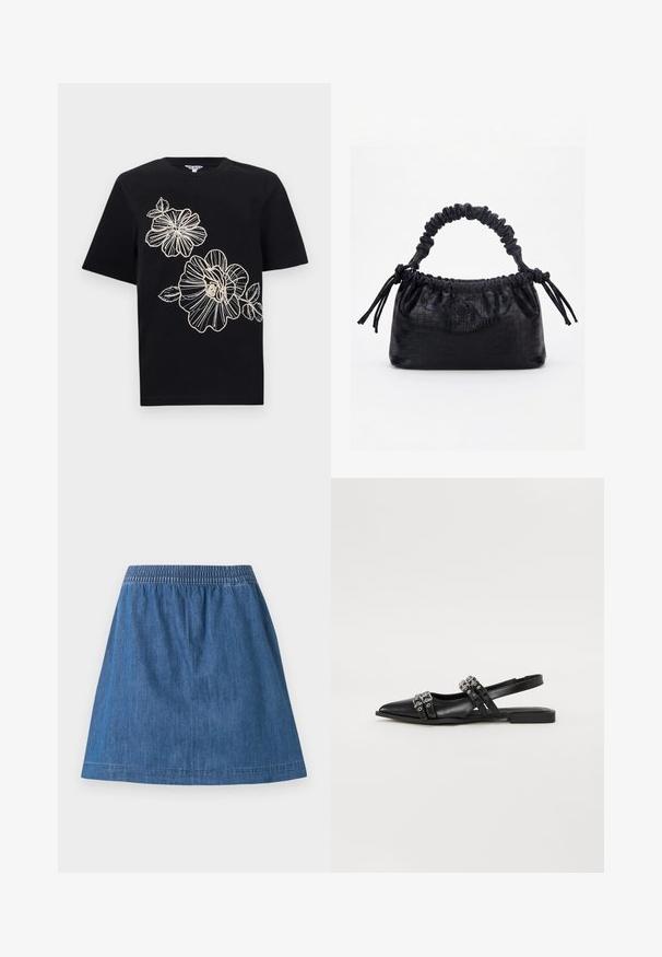 T-shirt noir à manches courtes avec contour brodé beige de deux grandes fleurs et feuilles sur le devant.; Jupe trapèze en denim bleu avec taille élastique et coutures visibles le long de l'ourlet et de la taille, présentée sur fond blanc.; Even&Odd by Zalando Ballerines à brides arrière - black; Sac à main noir avec texture crocodile, bord supérieur froncé, poignée plissée et pompons à cordon de chaque côté sur fond blanc.