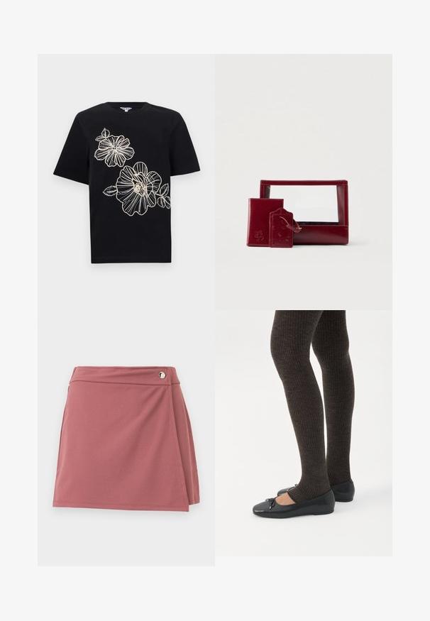T-shirt noir à manches courtes avec contour brodé beige de deux grandes fleurs et feuilles sur le devant.; Jupe portefeuille courte en rose poussiéreux avec un petit bouton argenté près de la ceinture sur un fond clair uni.; Jambes portant des leggings côtelés foncés associés à des ballerines noires avec de petits détails en nœud sur fond blanc.; Ensemble de pochettes en cuir bordeaux comprenant un devant transparent, un petit porte-cartes et une étiquette de bagage, tous dotés de textures lisses et de détails embossés.