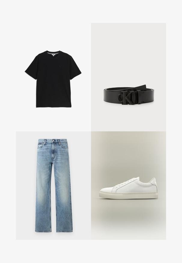 T-shirt noir à manches courtes et col rond, avec un petit logo brodé sur le côté gauche de la poitrine et une étiquette intérieure rayée au niveau du col.; Jean droit en denim bleu clair avec taille haute, cinq poches, fermeture à boutons et léger délavage sur les cuisses et les genoux.; Baskets blanches basses à lacets sur l’avant et semelle épaisse, vues de côté sur un fond neutre.; Ceinture en cuir noir avec une finition lisse, boucle ronde avec un logo 'CK' en relief, et longueur ajustable. Design simple et classique.