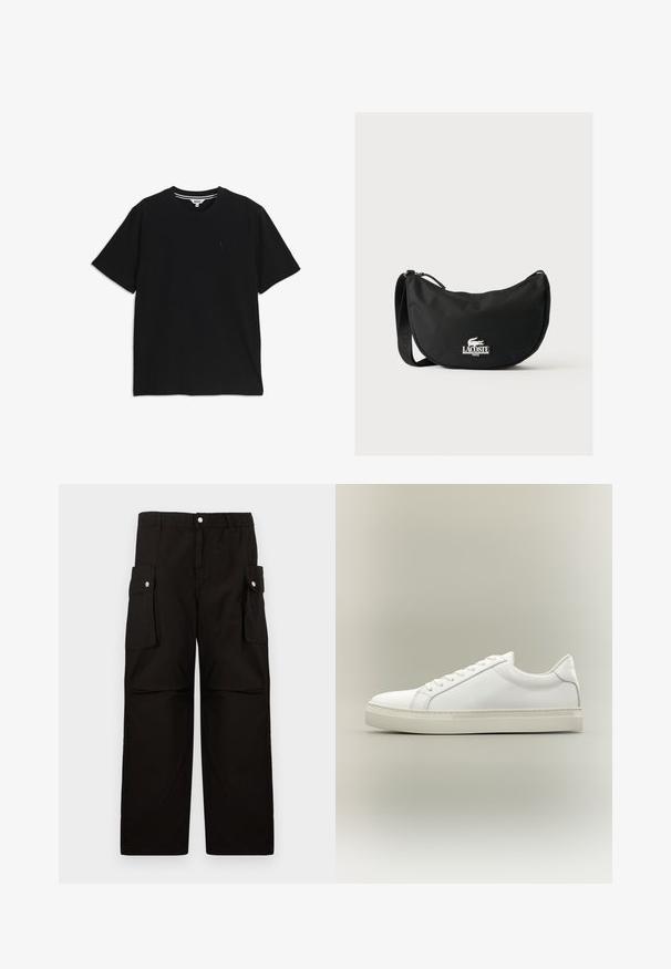 T-shirt noir à manches courtes et col rond, avec un petit logo brodé sur le côté gauche de la poitrine et une étiquette intérieure rayée au niveau du col.; Pantalons cargo noirs en tissu doux, dotés d'une taille élastique, de poches latérales avec rabats et d'une coupe loose à jambes droites.; Baskets blanches basses à lacets sur l’avant et semelle épaisse, vues de côté sur un fond neutre.; Sac à épaule noir Lacoste avec forme incurvée, bandoulière réglable et logo crocodile blanc embossé au-dessus du nom de la marque à l'avant.