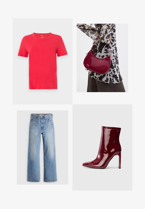 T-shirt rouge à manches courtes en coton. Il présente un col rond classique et un design simple sans motifs ni accents.; Jeans larges en denim bleu clair avec une taille haute, zones décolorées, cinq poches et coutures contrastées. Fermeture classique à bouton et à glissière.; Bottines vernies rouge foncé brillant avec un bout pointu et un talon haut et fin, présentées en profil latéral sur fond blanc.; Femme portant un chemisier à motif noir et blanc tenant un sac à main rouge brillant sur un fond uni.
