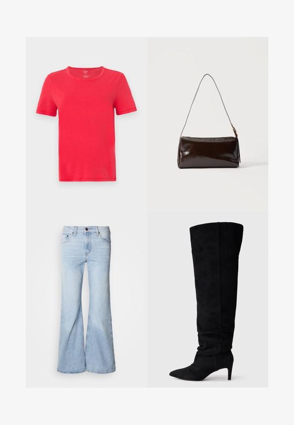 T-shirt rouge à manches courtes en coton. Il présente un col rond classique et un design simple sans motifs ni accents.; Jean évasé bleu clair, avec une taille haute, en tissu denim, cinq poches et une fermeture par bouton. Les jambes sont larges et présentent une légère décoloration.; Botte noire au-dessus du genou en daim doux, avec un bout pointu et un talon fin. Texture lisse sans quincaillerie ni motifs visibles.; Sac à bandoulière rectangulaire en cuir marron foncé avec une seule sangle fine et une boucle dorée sur un fond uni.