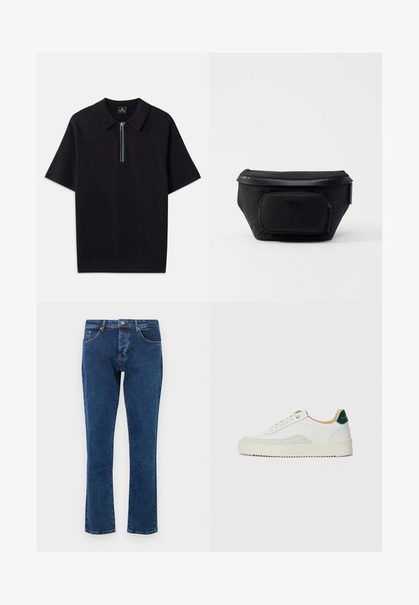 Schwarzes kurzärmliges Polohemd mit einem Reißverschlusskragen, der mit einem mehrfarbigen Streifen versehen ist. Hergestellt aus einem glatten Stoff mit einer taillierten Passform.; Dunkelblaue Jeans aus Denim mit geradem Bein, fünf Taschen und einem Metallknopf in der Taille. Glatte Textur mit minimalem Verblassen.; Weiße Sneaker mit Wildlederelementen, runder Zehenpartie, flachen Schnürsenkeln und einer cremefarbenen Gummisohle. Mit grünen Markenlogo am Fersenbereich.; Schwarze Nylon-Tasche mit einer vorderen Reißverschlusstasche, ausgestattet mit einer glatten Textur und einem Logo-Akzent. Strukturierte Design mit einem umklappbaren oberen Teil.