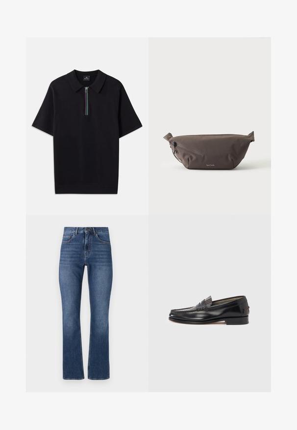 Schwarzes kurzärmliges Polohemd mit einem Reißverschlusskragen, der mit einem mehrfarbigen Streifen versehen ist. Hergestellt aus einem glatten Stoff mit einer taillierten Passform.; Blaue Denim-Jeans mit geradem Bein, ausgestattet mit Standardtaschen und einem gesteppten Bund, in einer mittleren Waschung und mit subtilen Wascheffekten.; Schwarze Leder-Loafer mit Mokassin-Design, verziert mit einem dekorativen Band und Steppnähten am Obermaterial. Niedriger Blockabsatz.; Dunkelbraune Stoff-Gürteltasche mit diagonalem Reißverschlussfach und kleinem weißen Logo vorne, vor einem einfarbigen hellen Hintergrund.