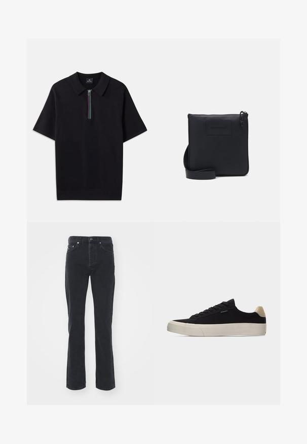 Schwarzes kurzärmliges Polohemd mit einem Reißverschlusskragen, der mit einem mehrfarbigen Streifen versehen ist. Hergestellt aus einem glatten Stoff mit einer taillierten Passform.; Schwarze Jeans aus Denim mit geradem Bein, ausgestattet mit fünf Taschen und einem Knopfverschluss. Der Stoff hat eine subtile Textur und eine robuste Verarbeitung.; Schwarzer Low-Top-Sneaker mit beigem Fersenlasche, weißer dicker Gummisohle, schwarzen Schnürsenkeln und kleinem "PS Paul Smith"-Label an der Seite.; Schwarze Leder-Umhängetasche mit strukturiertem Finish, rechteckiger Form, Reißverschluss und verstellbarem Träger. Mit subtiler Markenlogo auf der Vorderseite.