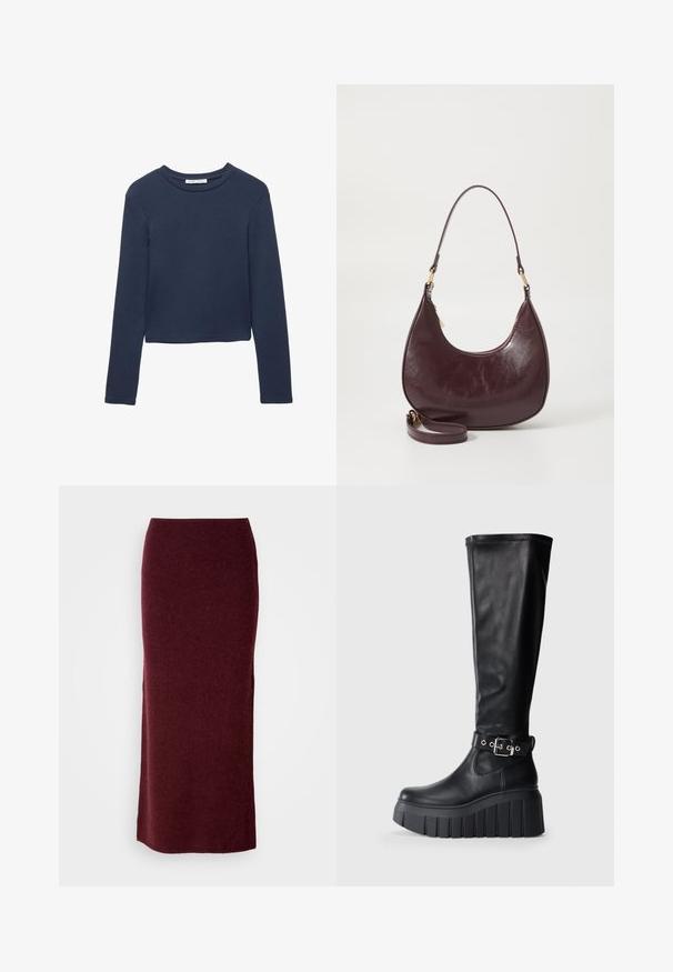 Donkerblauw langemouwen cropped shirt met ronde hals, plat weergegeven op een witte achtergrond.; Bordeaux wollen maxi-rok met een aansluitende silhouet, een gladde textuur en een rechte zoom. Geen zichtbare sluitingen of versieringen.; Zwarte kniehoge laarzen van soepel leer, met een dikke platformzool, een stevige hak en een verstelbare riemaccent nabij de enkel.; Bordeaux leren schoudertas met een gebogen vorm, ritsluiting en een afneembare strap. Kenmerkt zich door een gladde textuur en gouden hardware accenten.