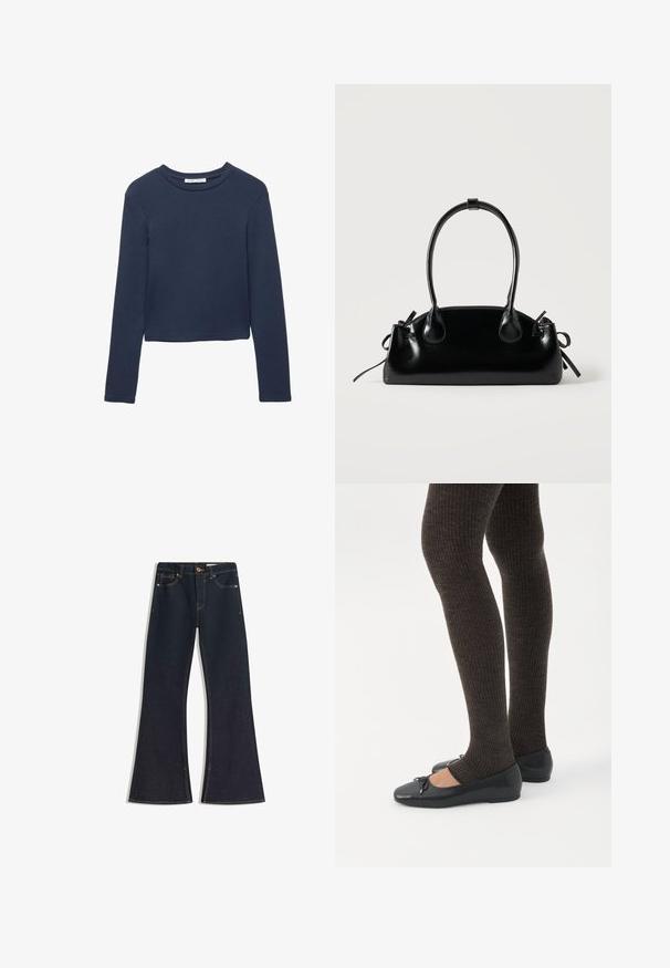 Donkerblauw langemouwen cropped shirt met ronde hals, plat weergegeven op een witte achtergrond.; Donkere denim jeans met uitlopende pijpen, voorzien van een hoge taille, contrasterende stiknaden, knoopsluiting en vier zakken. De pijpen worden wijder bij de zoom.; Benen met donkere geribbelde leggings gecombineerd met zwarte ballerina's met kleine strikdetails op een witte achtergrond.; Kleine zwarte glanzende handtas met twee lange hengsels en zijkant trekkoord details op een effen lichte achtergrond.