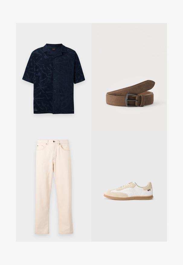 Chemise bleu marine à manches courtes avec un discret motif de feuilles ton sur ton et un col camp, posée à plat sur un fond clair.; Jean beige droit avec cinq poches, fermeture à boutons et surpiqûres contrastantes sur un fond clair uni.; Baskets blanches avec accents en daim beige clair, détails perforés, lacets plats et semelle en caoutchouc naturel. Présentent un logo rayé sur le talon.; Ceinture en daim marron avec boucle métallique noire enroulée sur un fond clair uni.
