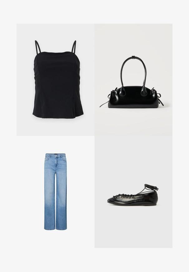 Top noir sans manches avec fines bretelles doubles et encolure carrée, tissu uni, présenté sur un fond clair.; Jean large taille haute bleu clair avec boutons et fermeture éclair à l'avant, passants pour ceinture, et détails délavés sur les cuisses et les genoux.; Ballerines en cuir verni noir avec un bout rond, un design à lacets et une semelle plate. Texture lisse avec peu de détails.; Petit sac à main noir brillant avec deux longues anses et des détails à cordon sur les côtés sur un fond clair uni.