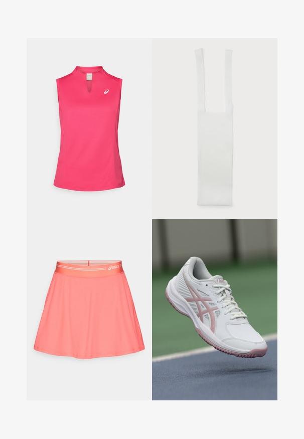 ASICS COURT TANK - Top - bright rose; Roze atletische rok van geribd stof. Heeft een brede elastische tailleband met een logo en een uitlopende pasvorm voor bewegingsvrijheid.; Witte sportschoen met roze accenten, synthetisch materiaal, ronde neus, mesh zijkanten en een gestructureerde zool. Voorzijde met veter en zichtbare ASICS-markering.; Witte katoenen riem met twee langwerpige handgrepen, met een gladde textuur en een rechthoekig lichaam. Eenvoudig ontwerp, geen aanvullende patronen of versieringen.