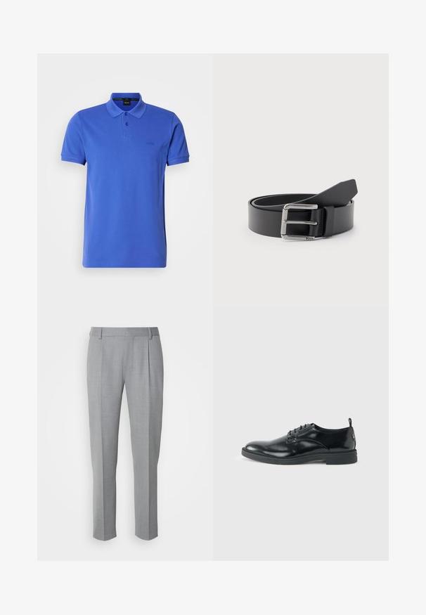 Polo azul de algodón, con cuello clásico, tapeta de dos botones y un sutil logo en el pecho. Mangas cortas y dobladillo recto.; Pantalones grises a medida con una textura suave, que cuentan con un frente plano, piernas rectas y pliegues sutiles para un detalle adicional.; Zapato de vestir negro de cuero brillante con tacón bajo, cierre de cordones y puntera redonda, mostrado de lado sobre un fondo claro y liso.; Cinturón de cuero negro enrollado con hebilla metálica rectangular plateada grabada con "BOSS" sobre un fondo gris claro.