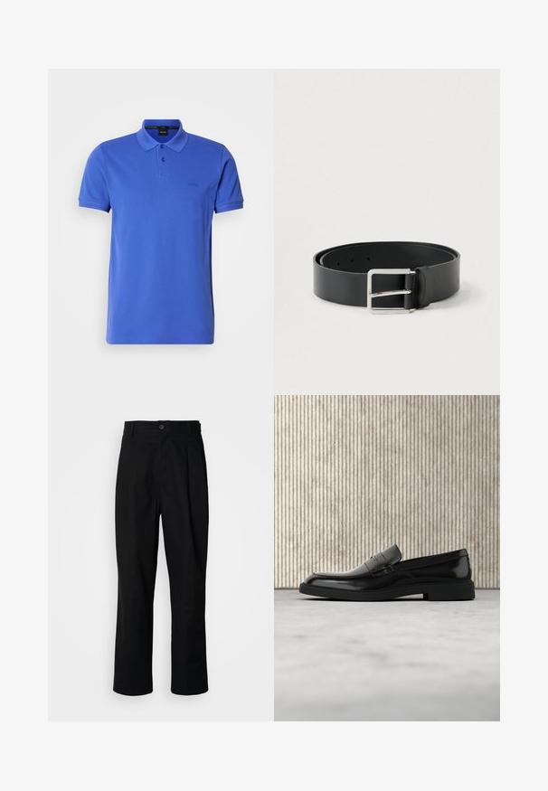 Blauses Poloshirt aus Baumwolle mit klassischem Kragen, zwei-Knopf-Leiste und dezentem Logo auf der Brust. Kurzärmlig und gerade geschnitten.; Schwarze gerade geschnittene Hosen mit einem Knopfverschluss, Gürtelschlaufen und Vorderfalten, vor einem schlichten weißen Hintergrund präsentiert.; Schwarzer, polierter Lederloafer, der über einem beigen Teppich schwebt, mit orangener, durchscheinender Möbel im Hintergrund.; Schwarzer Ledergürtel mit glatter Oberfläche, ausgestattet mit einer rechteckigen silbernen Metallschnalle und mehreren Einstelllöchern.