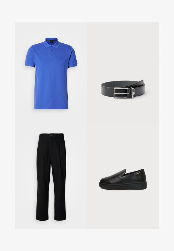 Polo azul de algodón, con cuello clásico, tapeta de dos botones y un sutil logo en el pecho. Mangas cortas y dobladillo recto.; Pantalones rectos negros con cintura con botones, trabillas para cinturón y pliegue frontal, exhibidos sobre un fondo blanco liso.; Zapato de cuero negro tipo slip-on con suela gruesa y pequeños orificios de ventilación laterales, con el logo dorado de "HUGO" cerca del talón.; Cinturón de cuero negro con una hebilla rectangular plateada y un pequeño aro plateado adjunto, enrollado sobre un fondo blanco.
