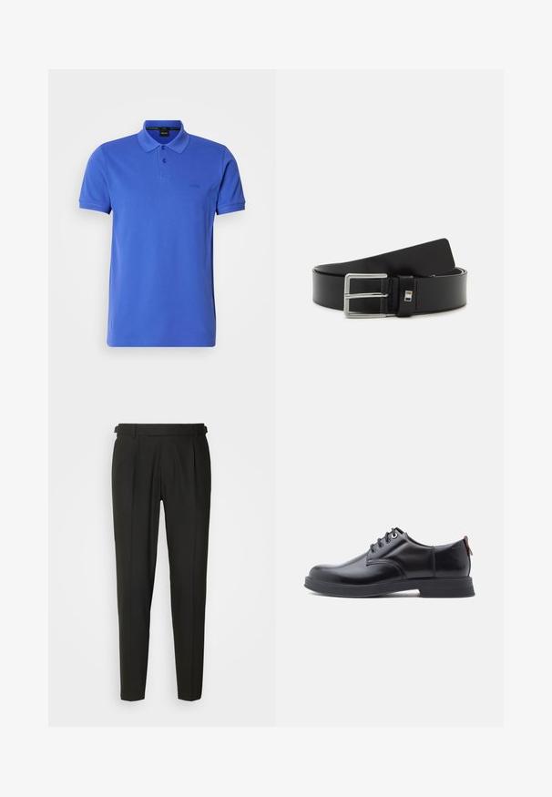Blauses Poloshirt aus Baumwolle mit klassischem Kragen, zwei-Knopf-Leiste und dezentem Logo auf der Brust. Kurzärmlig und gerade geschnitten.; Schwarze maßgeschneiderte Hose mit flacher Vorderseite, zwei Falten, Gürtelschlaufen und geradem Bein. Hergestellt aus glattem, leichtem Stoff.; Schwarze Leder-Schnürschuhe mit glatter Textur, rundem Zehenbereich und dezenten Ziernähten. Mit einem roten Laschenband an der Ferse.; Schwarzer Leder-Gürtel mit glatter Textur, ausgestattet mit einer silbernen Metallschnalle und einem rechteckigen Akzent in der Nähe der Schnalle.