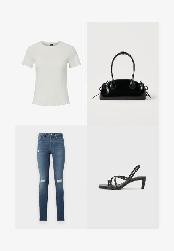Top blanco de manga corta con textura acanalada, escote redondo y detalles de dobladillo festoneado, diseñado para una silueta ajustada.; Jeans pitillo azules con detalles descoloridos y rasgaduras desgastadas en los muslos y las rodillas, con bolsillos delanteros y cierre de botón.; Sandalia negra de tiras con punta cuadrada y tacón bajo de bloque. Presenta múltiples tiras delgadas y una correa ajustable en el tobillo. Fabricada en cuero suave.; Pequeño bolso negro brillante con dos asas largas y detalles de cordón lateral sobre un fondo claro liso.