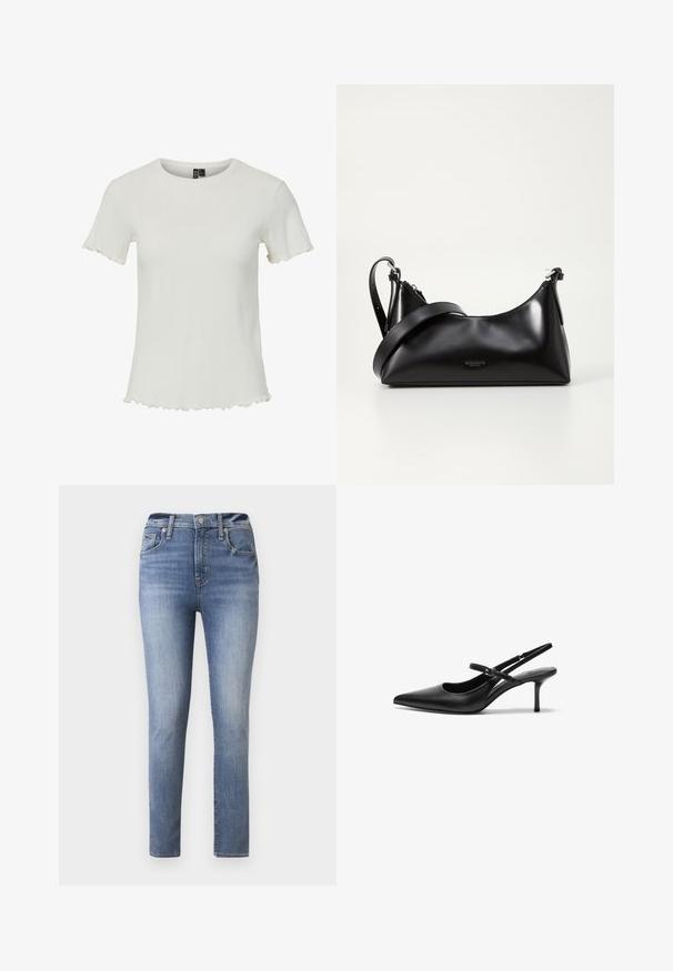 Hvid kortærmet top med ribbet struktur, rund halsudskæring og bølgede kantdetaljer, designet til en tætsiddende silhuet.; Lyseblå højtaljede jeans med slim fit, der har fem lommer og lynlås, lavet af denim med en glat tekstur.; Sorte læder slingback hæle med spids tå, slank justerbar rem og en stiletto hæl på cirka 5 cm, glat tekstur.; Sort læderhåndtaske med en glat tekstur. Har en justerbar stropp og et enkelt, minimalistisk design med lynlås.