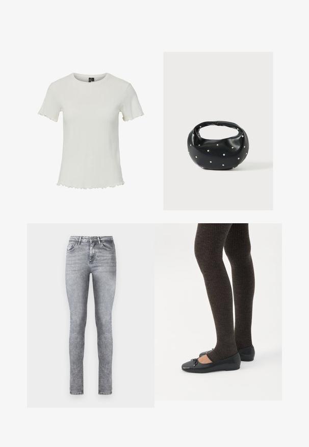 Top blanco de manga corta con textura acanalada, escote redondo y detalles de dobladillo festoneado, diseñado para una silueta ajustada.; Jeans skinny de mezclilla gris con cintura alta, cinco bolsillos y un ligero desgaste en todo su diseño. Presenta un cierre de cremallera y botón.; Piernas con leggings oscuros acanalados combinados con bailarinas negras que presentan pequeños detalles de lazo sobre un fondo blanco.; Bolso de mano de cuero negro con forma redondeada, decorado con detalles de tachuelas plateadas y un asa corta. Textura lisa y cierre con cremallera.