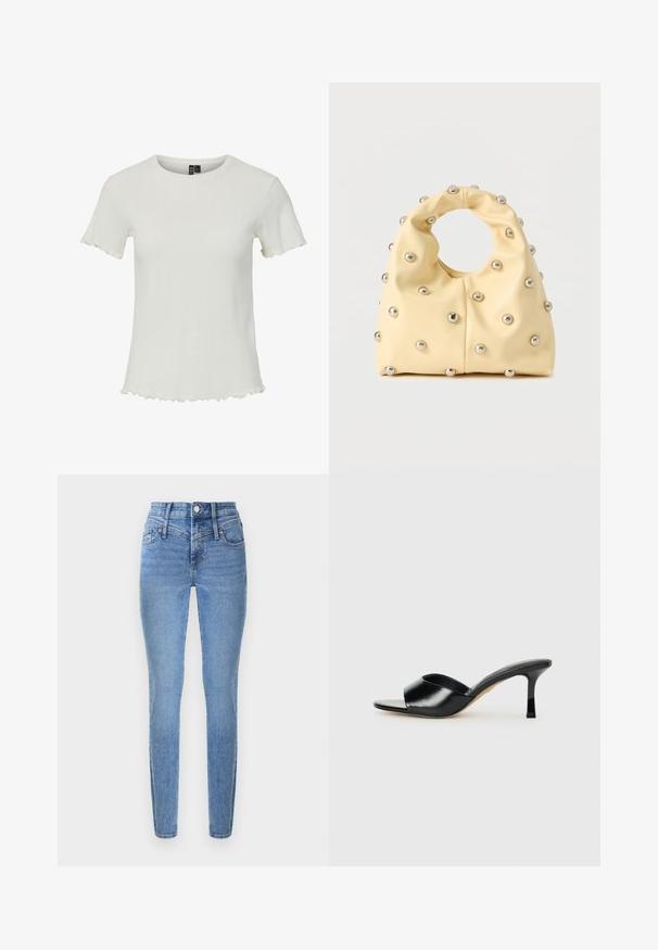 Top blanco de manga corta con textura acanalada, escote redondo y detalles de dobladillo festoneado, diseñado para una silueta ajustada.; Vaqueros ajustados en denim azul claro con cintura alta, dos bolsillos delanteros y cremallera. Presentan una textura suave y un desvanecimiento sutil.; Mules de tacón alto de cuero negro con diseño de punta descubierta y una amplia correa superior curva. Textura suave y silueta elegante.; Bolso suave de color amarillo con asa circular, decorado con pequeños remaches de metal plateado distribuidos uniformemente sobre una superficie lisa.