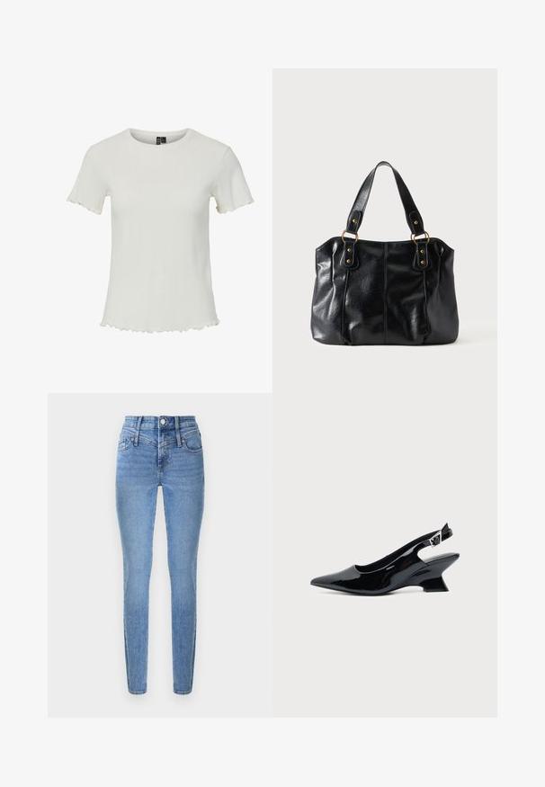 Witte top met korte mouwen en een geribbeld textuur, ronde halslijn en golvende zoomdetails, ontworpen voor een aansluitende pasvorm.; Skinny jeans van lichtblauwe denim met een hoge taille, twee voorzakken en een ritssluiting. Kenmerkt zich door een gladde textuur en subtiele vervaging.; Zwarte lakleren slingback schoen met spitse neus en lage schuine blokhak op een effen lichte achtergrond.; Zwarte leren schoudertas met dubbele bandjes bevestigd met gouden ringen en klinknagels, glad en licht glanzend oppervlak, eenvoudig ontwerp.