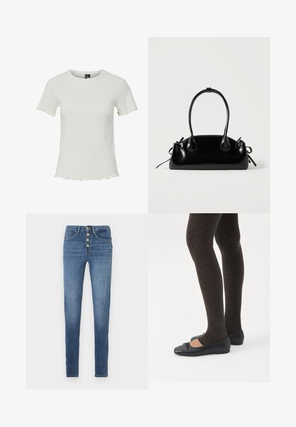 Witte top met korte mouwen en een geribbeld textuur, ronde halslijn en golvende zoomdetails, ontworpen voor een aansluitende pasvorm.; Skinny jeans van middelblauwe denim, met een hoge taille, een gulp met vijf knopen en minimale vervaging of slijtage.; Benen met donkere geribbelde leggings gecombineerd met zwarte ballerina's met kleine strikdetails op een witte achtergrond.; Kleine zwarte glanzende handtas met twee lange hengsels en zijkant trekkoord details op een effen lichte achtergrond.