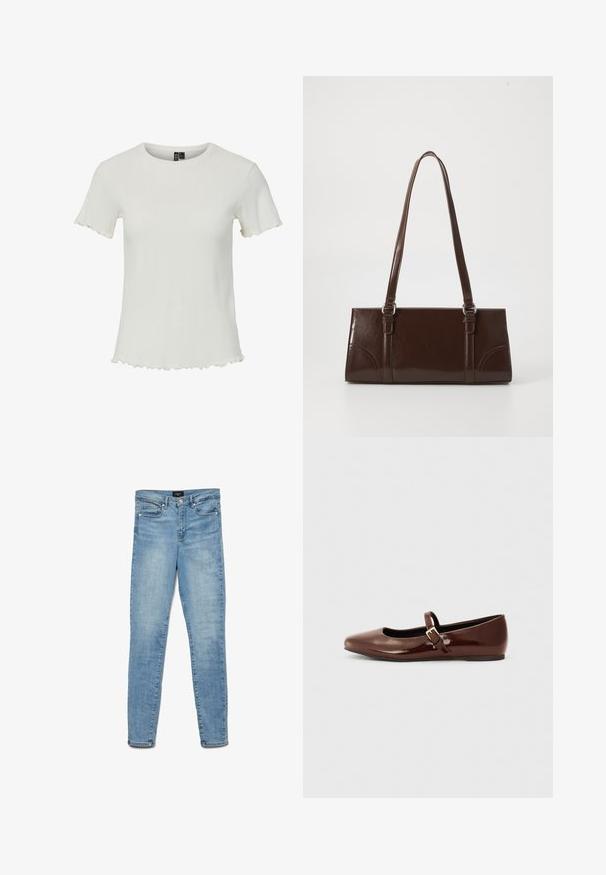 Haut blanc à manches courtes avec une texture côtelée, un col rond et des détails en ourlet festonné, conçu pour une silhouette ajustée.; Jean skinny délavé bleu clair avec bouton avant et design à cinq poches, posé à plat sur fond blanc.; Ballerine en cuir verni marron avec un bout carré et une lanière ornée d'une petite boucle dorée. Texture lisse, talon bas et design minimaliste.; Sac à main en cuir verni marron de forme rectangulaire, avec deux longues poignées et des accents courbés subtils à l'avant.