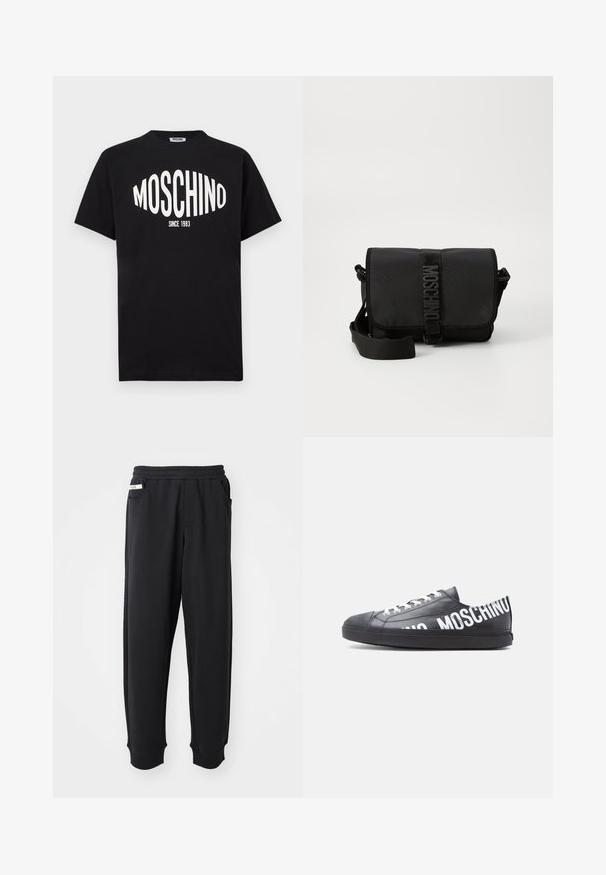 Μαύρο βαμβακερό t-shirt με μεγάλο λευκό λογότυπο "MOSCHINO" και κείμενο "SINCE 1983", με κλασικό στρογγυλό λαιμό και κοντά μανίκια.; Μαύρο παντελόνι φόρμας από μαλακό ύφασμα, με ελαστική μέση, πλάγιες τσέπες και ριμπ μανσέτες στους αστραγάλους. Μινιμαλιστικός σχεδιασμός.; Μαύρο αθλητικό παπούτσι χαμηλού τύπου με λευκά κορδόνια και τη λέξη "MOSCHINO" τυπωμένη με μεγάλα λευκά γράμματα κατά μήκος της πλευράς και της φτέρνας.; Μαύρη νάιλον τσάντα crossbody με καπάκι, που διαθέτει μια εμφανή λογότυπη κλείσιμο με λουρί, ρυθμιζόμενο λουρί και λεπτομέρειες ραφής στο πλάι.
