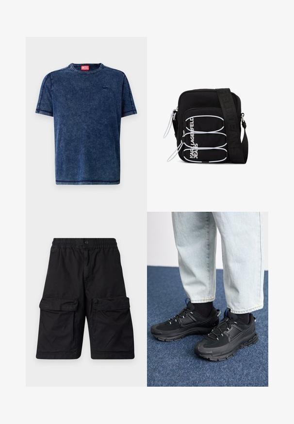 T-paita tummansinisestä denimmateriaalista, lyhyillä hihoilla, pyöreällä kaula-aukolla ja huomaamattomalla logotietoisuudella. Reunoilla on kontrastiväriset ompeleet.; Mustat shortsit, jotka on valmistettu kestävästä kankaasta, joustavalla vyötäröllä, kaksi suurta cargo-taskua kummallakin puolella ja ommeltu yksityiskohtia.; Mustat urheilukengät, joissa on teksturoitu kangas ja kumipohjat, elastiset nauhat ja sininen yksityiskohta kannassa. Yhdistetty vaaleisiin farkkuihin.; Musta olka-/ristilaukku, jossa valkoiset joustavat lenkit, vetoketjun vetimet ja valkoinen "KARL LAGERFELD JEANS" -teksti etutaskussa.