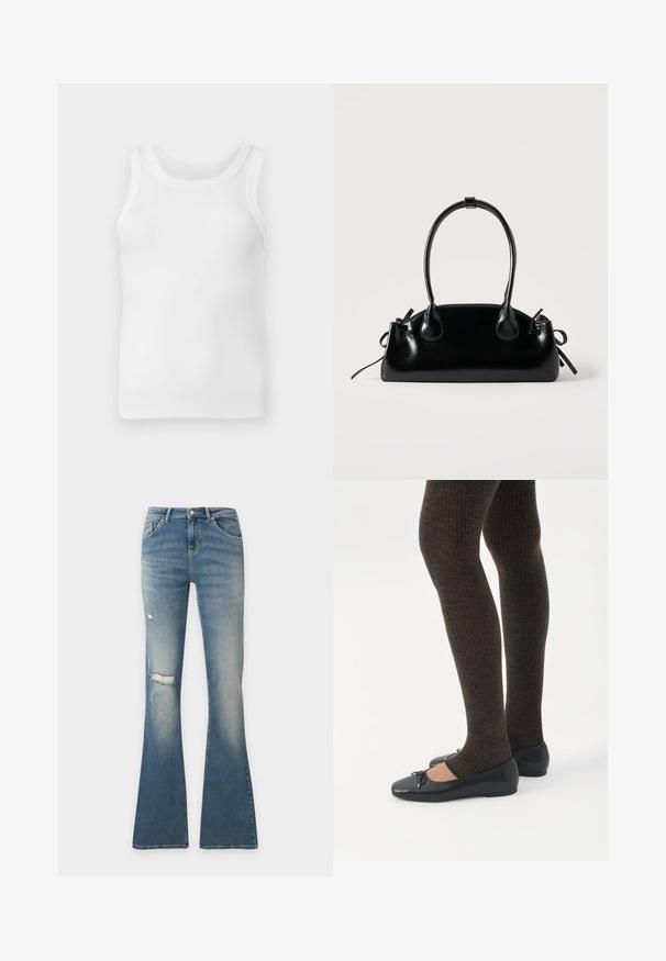 Débardeur sans manches en coton blanc côtelé avec encolure ronde, présenté à plat sur un fond gris clair.; Jean flare en denim bleu avec des détails usés sur la cuisse et le genou gauches, bouton à l'avant et coupe à cinq poches.; Jambes portant des leggings côtelés foncés associés à des ballerines noires avec de petits détails en nœud sur fond blanc.; Petit sac à main noir brillant avec deux longues anses et des détails à cordon sur les côtés sur un fond clair uni.
