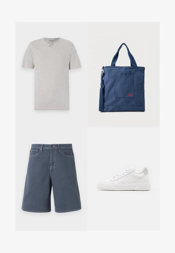 T-shirt à manches courtes, rayé gris et blanc, avec un col rond et deux boutons au niveau du cou. Tissu doux avec une coupe décontractée.; Shorts bleu foncé en coton avec des coutures blanches, cinq poches et un système de fermeture à bouton à la taille. Design à jambe droite, avec un minimum de détails.; Des baskets en cuir blanc avec une finition lisse, un bout rond, des lacets plats et une semelle texturée. Accents en daim gris au niveau du talon.; Sac fourre-tout en toile bleue avec poche frontale et broderie rouge "O.N.S", doté de doubles poignées et d'une bandoulière réglable.