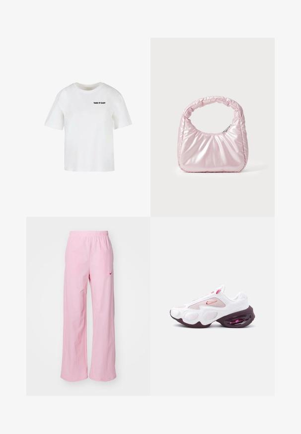 Witte T-shirt met korte mouwen en een ronde hals met zwarte tekst "TAKE IT EASY" op de linker bovenborst.; Roze elastische taillebroek met een ontspannen pasvorm. Heeft een rood logo aan de linkerkant en een gladde, lichte textuur.; Witte en roze sportschoen met meshpanelen, een roze Nike-swoosh en een dikke, donkerpaarse zool met zichtbare luchtvering.; Roze, gevoerde handtas met een afgeronde vorm, gemaakt van glanzend materiaal. Beschikt over een geplooide handgreep en een ritssluiting voor veilige toegang.