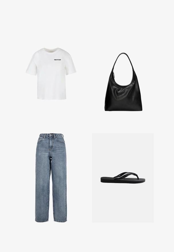 Witte T-shirt met korte mouwen en een ronde hals met zwarte tekst "TAKE IT EASY" op de linker bovenborst.; Lichtblauwe wijde jeans van denim, met een hoge taille, vijf-pocket ontwerp en zichtbare stiksels langs de naden.; Zwarte rubberen teenslipper met een getextureerd voetbed en een Y-vormige band voorzien van een subtiel gegraveerd merklogo aan de zijkant.; Zwarte leren hobo tas met een gebogen, zachte vorm en een enkel schouderband. Beschikt over een ritssluiting en een gladde, glanzende textuur.