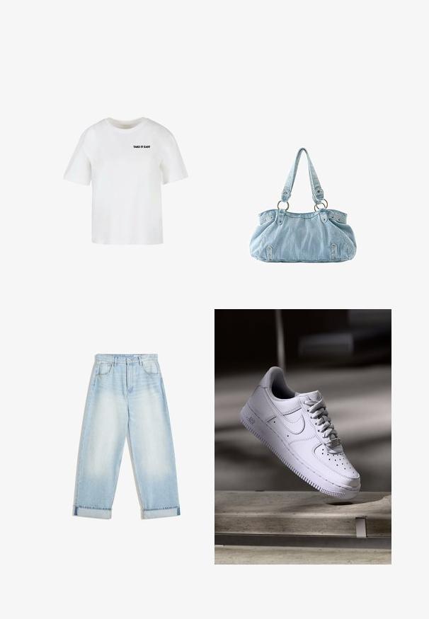 Witte T-shirt met korte mouwen en een ronde hals met zwarte tekst "TAKE IT EASY" op de linker bovenborst.; Lichtblauwe denim wijde jeans met hoge taille, met een opgerolde zoom, vijf zakken en een subtiele vervaging op de stof.; Witte Nike Air Force 1 sneaker die zweeft boven een betonnen oppervlak met schaduwen in een minimalistische setting.; Lichtblauwe denim handtas met twee schouderbanden bevestigd aan metalen ringen en decoratieve klinknagels aan de voorkant en zijkanten.