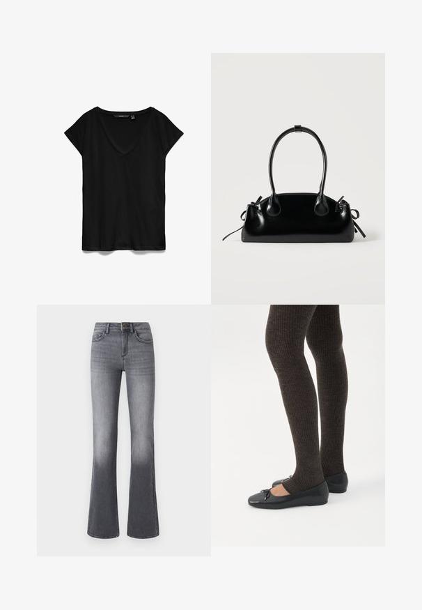 Zwarte t-shirt met korte mouwen en een V-halsontwerp, gemaakt van zacht stof, met een ontspannen pasvorm en een gladde, licht matte textuur.; High-waisted flared jeans in donkergrijze denim, met voorzakken, een knoopsluiting en subtiele vervaging naar de zoom toe.; Benen met donkere geribbelde leggings gecombineerd met zwarte ballerina's met kleine strikdetails op een witte achtergrond.; Kleine zwarte glanzende handtas met twee lange hengsels en zijkant trekkoord details op een effen lichte achtergrond.