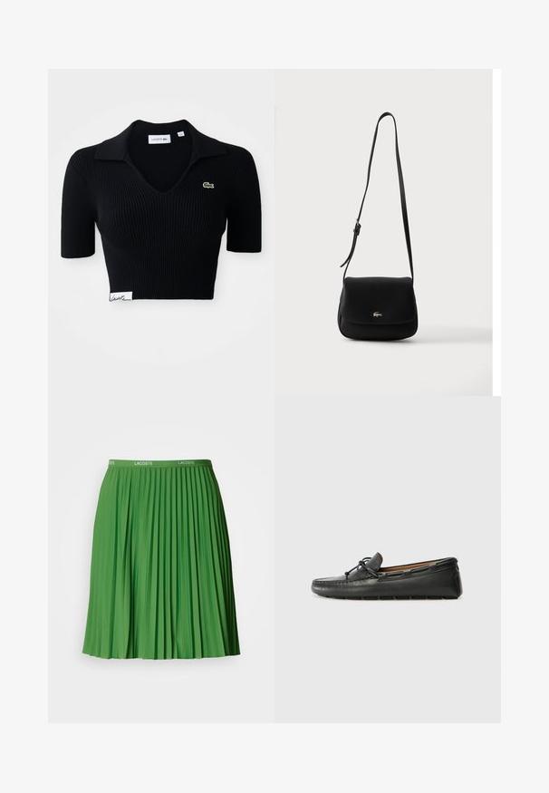 Zwarte cropped poloshirt van ribstof met een V-hals, korte mouwen en een groen geborduurd logo op de linkerborst. Witte label aan de zoom.; Groene geplooide rok met een elastische tailleband met het Lacoste-logo. Gemaakt van glad materiaal, heeft het duidelijke verticale plooien en een lengte tot de knieën.; Zwarte leren bootshoe met een ronde neus, gestikte details, een kleine strikaccent en een rubberen zool. Soepele textuur en gestroomlijnd ontwerp.; Zwarte leren crossbodytas met verstelbare band en klepsluiting, met een klein zilveren krokodillenlogo aan de voorkant in het midden.