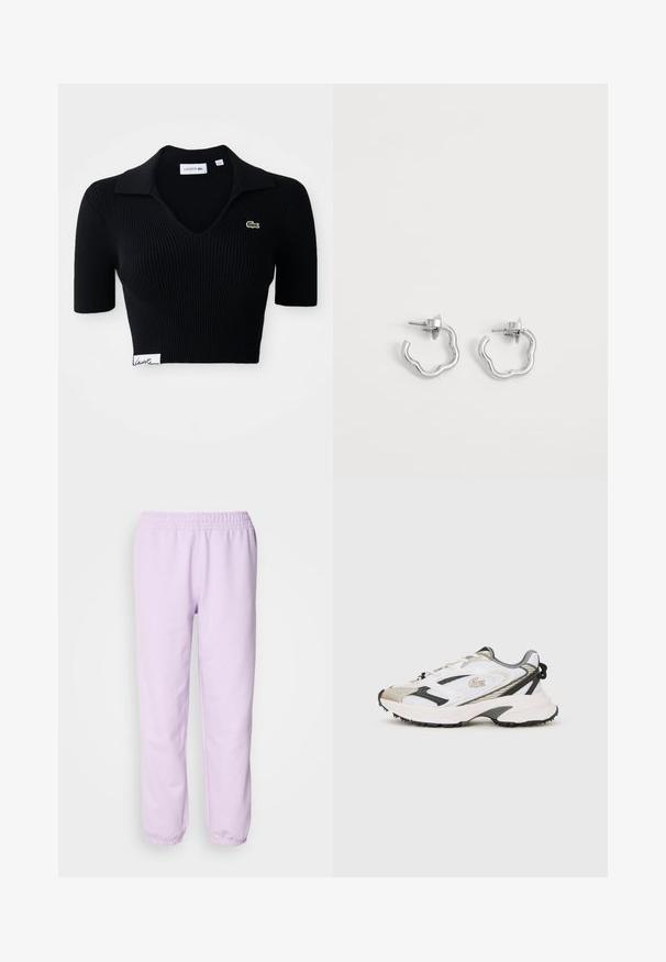 Zwarte cropped poloshirt van ribstof met een V-hals, korte mouwen en een groen geborduurd logo op de linkerborst. Witte label aan de zoom.; Lichtpaarse sweatpants van zachte stof, met een elastische tailleband en elastische boorden bij de enkels. Eenvoudig ontwerp, zonder patronen.; Witte en grijze sneakers met een bovenwerk van mesh, zwarte accenten en een gestructureerde zool. Voorzien van veters, merkdistinties en contrasterende ontwerpelementen.; Een paar kleine zilveren creolen met onregelmatige golvende vormen en postsluitingen op een effen witte achtergrond.